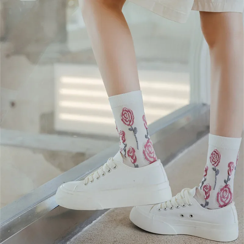 Kobiety róża kwiatowa tkanina bawełniana Kawaii urocze skarpetki styl japoński moda Harajuku Retro Vintage Streetwear różowe pończochy — zdjęcie 6