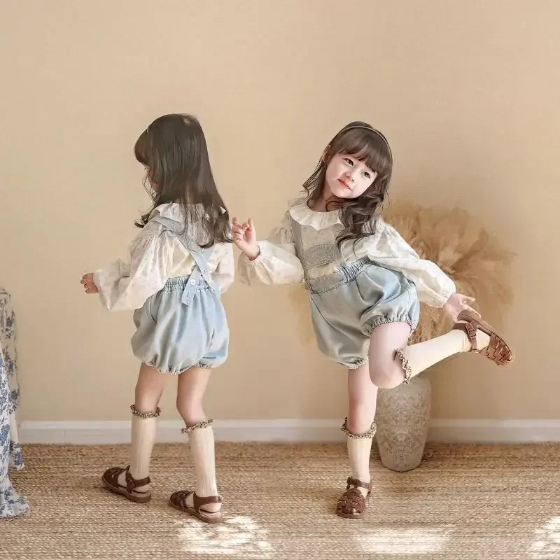

2Pcs Clothes Set Toddler Girls Clothing Summer Baby Fashion Cute Sweet 2pcs Suits Doll Collar Floral Shirt Jean Overall Shorts