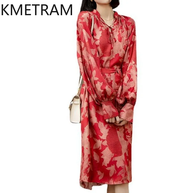 KMETRAM 100% Real Mulberry Silk Dresses for Women New Chinese Style Midi Dress Red Floral Frocks 2026 Summer Woman Clothing 원피스