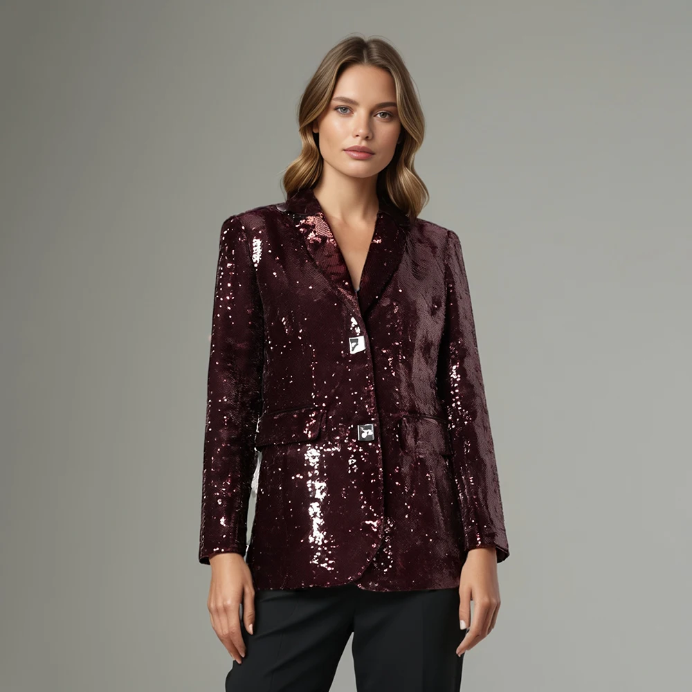 

Solid Spliced Sequines Slimming Jackets For Women Lapel Long Sleeve Temperament Leather Coat Female Fashion Style