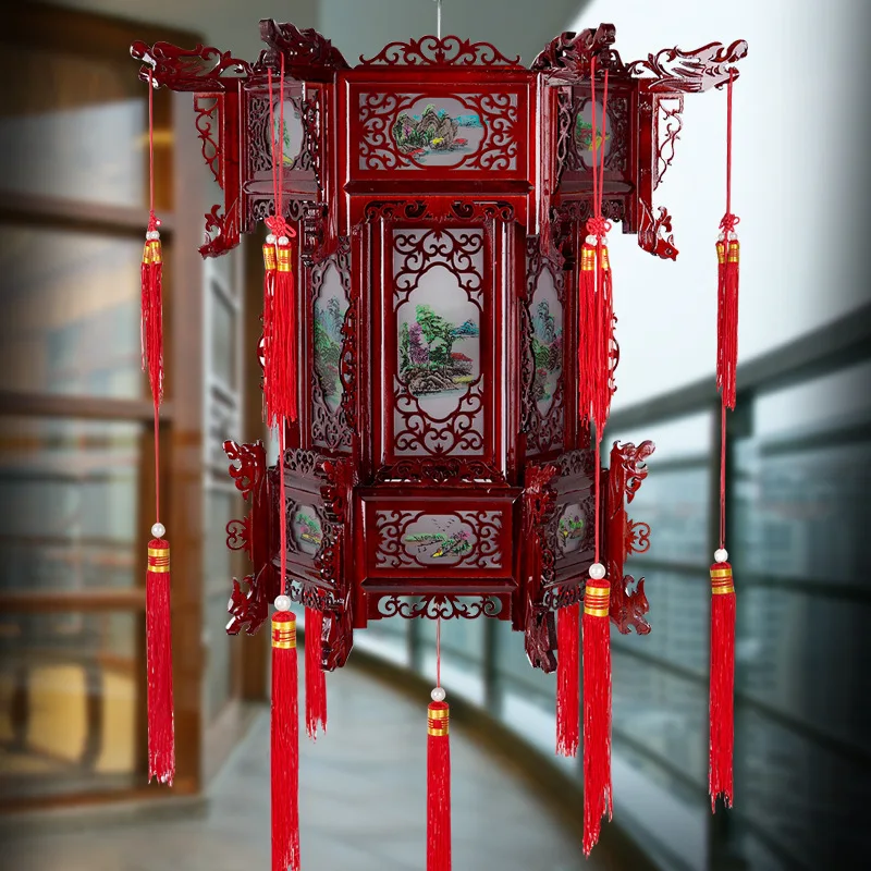 

Palace Lantern Carved Wooden Chinese Balcony Hexagonal Red Sheepskin Housewarming Outdoor Antique Free Freight