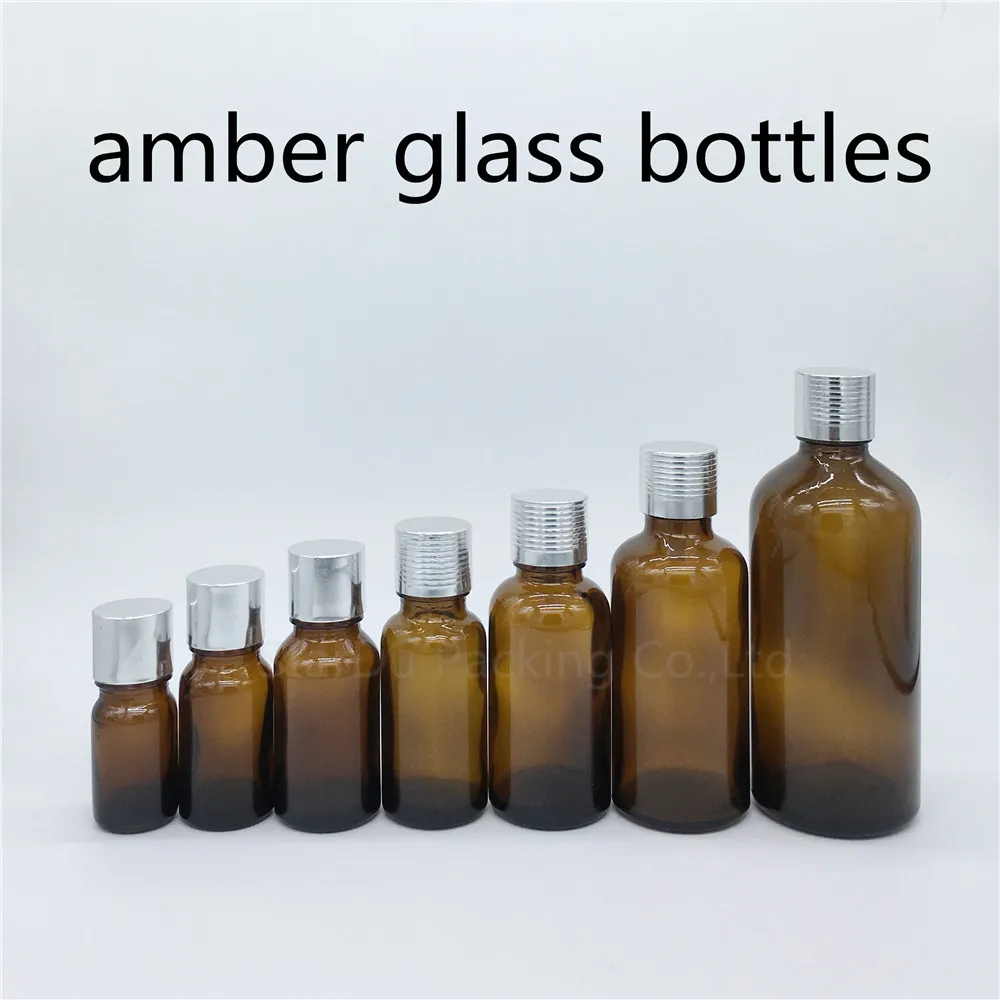 

500pcs 5ml 10ml 15ml 20ml 30ML 50ml 100ml Amber Glass Bottle Vials Essential Oil Bottle With Silvery Screw Cap Perfume Bottle