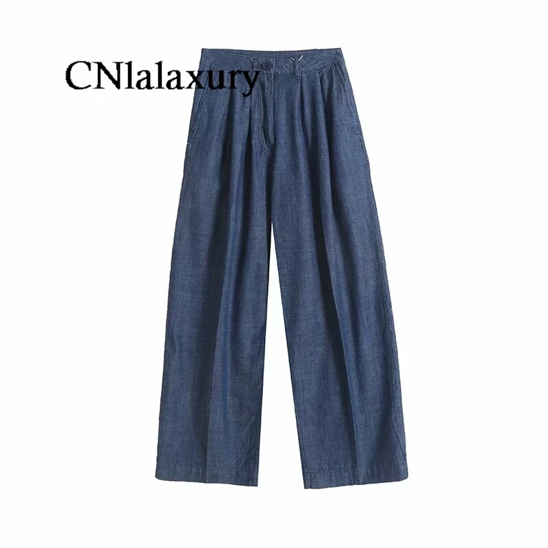 CNlalaxury Women 2024 Spring New Fashion Thin All-match Wide-leg Pants Retro High Waist Chic Zipper Button Trousers Mujer