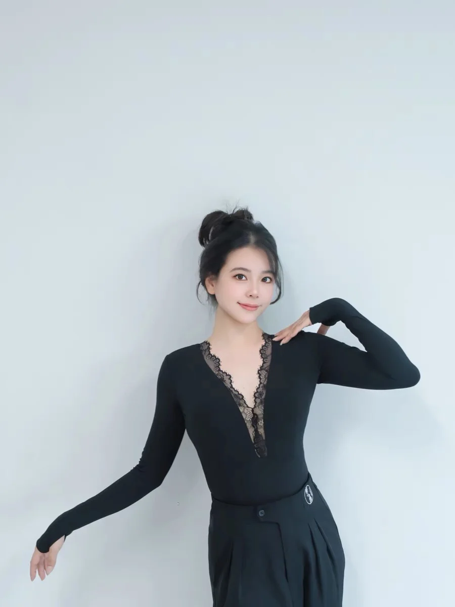 Top Sexy de Dança Latina com Decote em V, Manga Longa, Vestido Sem Costas para Mulheres, Ideal para Dança de Samba, Rumba, Ch...