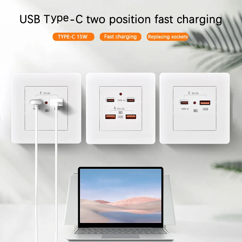 USB+Type-C household mobile phone charging panel 220V to 5V15W smart fast charging concealed socket