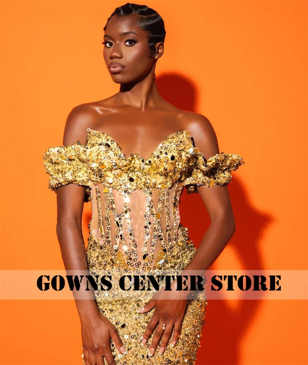 Ashimmer Gold Beaded Off The Shoulder Aso Ebi Luxury Evening Dresses 2024 Corset Mermaid African Wedding Dress Customized