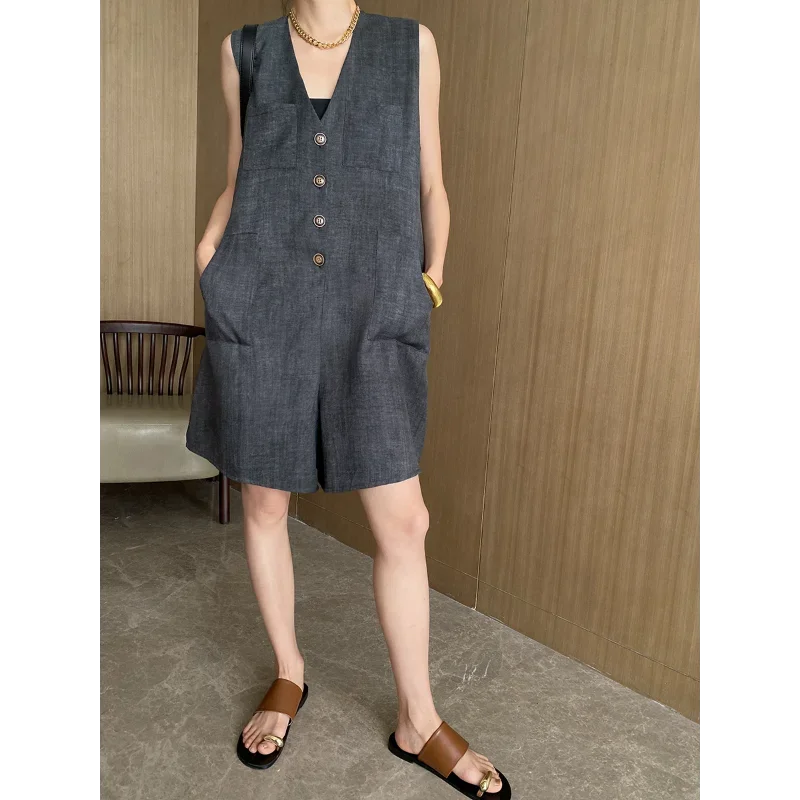 Jumpsuit tanpa lengan kasual wanita, rompi musim panas model H, Jumpsuit celana pendek Korea Chic abu-abu Khaki dasar kantor Perancis