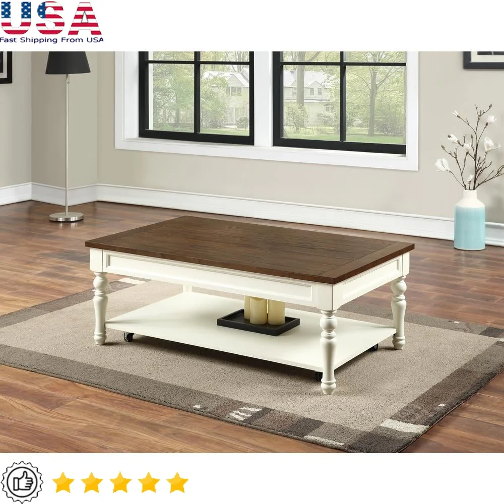 

Двухцветный журнальный столик цвета слоновой кости из мокко с полкой для хранения на роликах, мебель для гостиной, простая сборка