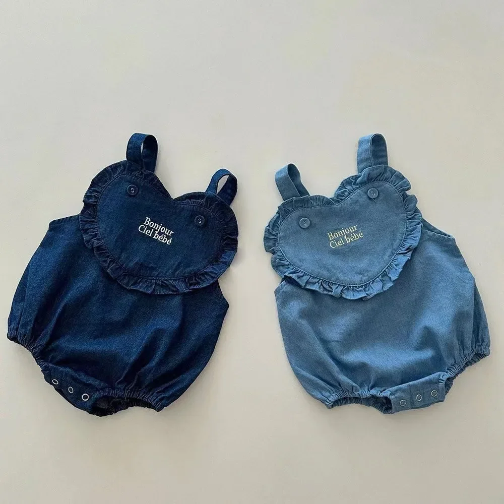 

2025 Spring New Baby Sleeveless Denim Bodysuit Newborn Girl Cute Heart Letter Embroidery Overalls Infant Toddler Jumpsuit 0-24M