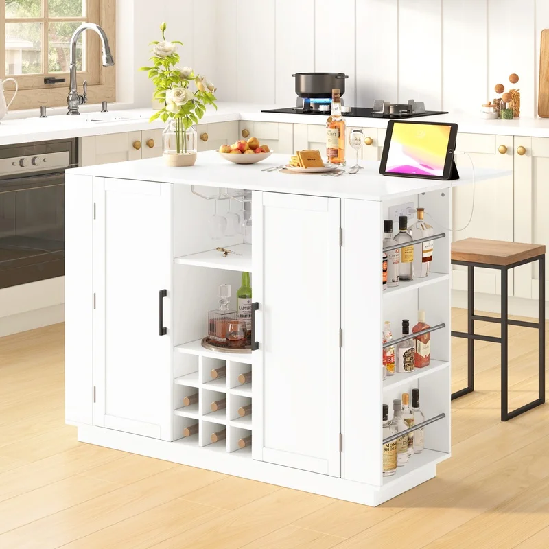 

47.2" Counter Height Table with Foldable Top, Power Outlet, Wine Rack, Stemware Holder, 2-Door Storage Cabinet for Dining Room