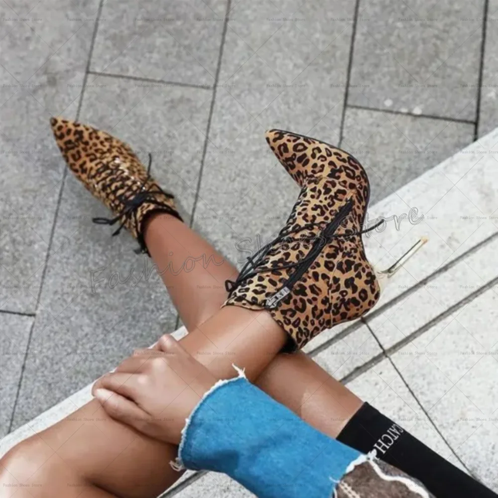 

Leopard Side Zipper Lace up Boots Pointed Toe Women Shoes Stilettos High Heels Party Banquet Dating 2025 Zapatos Para Mujere