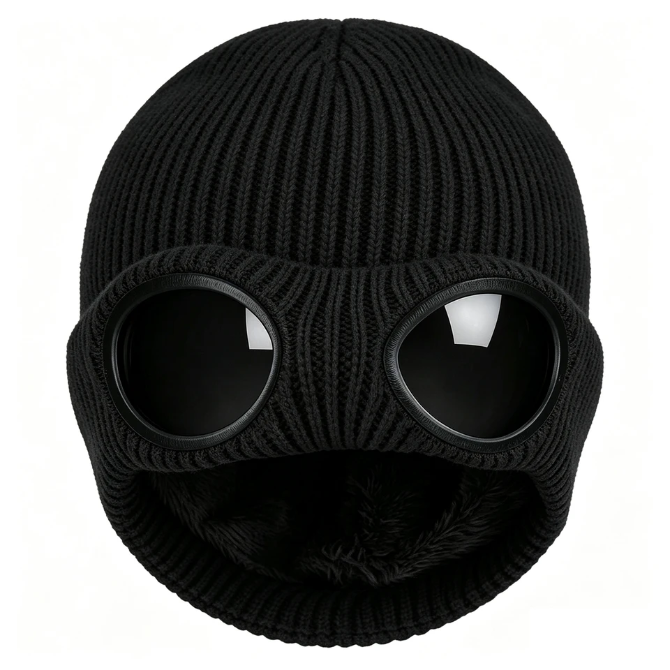 Knit Beanie Hat with Goggles Windproof Skull Cap for Men Women Fleece Lined Acrylic Warm Winter Hat Less Static Stretch Black
