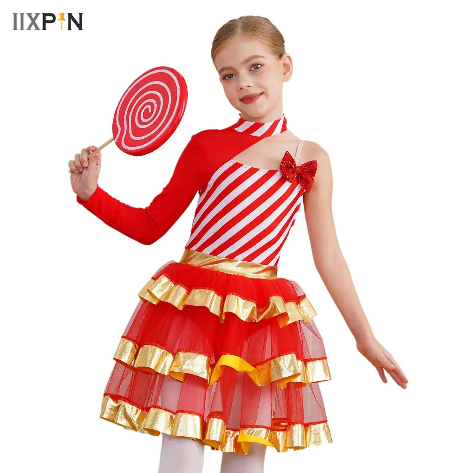 

Girls Christmas Dress Unique Asymmetrical Shoulder Shiny Sequins Stripes Tiered Tutu Dress Fancy Fairy Christmas Party Dress