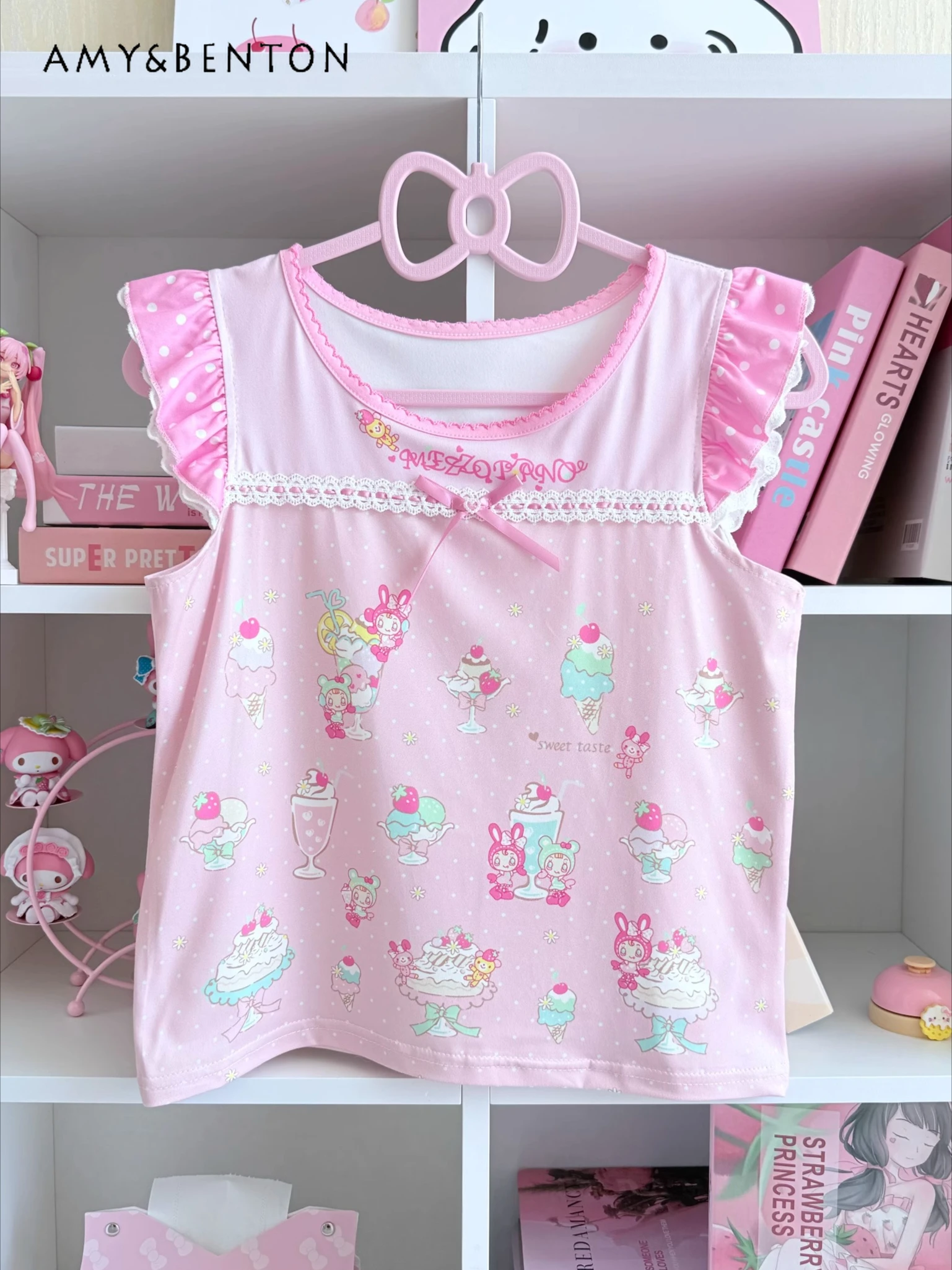 

Japanese Kawaii Cartoon Printed Crew Neck Flying Sleeve T-shirt Women Summer New Sweet Cute Loose Casual Tops Graphic T Shirts