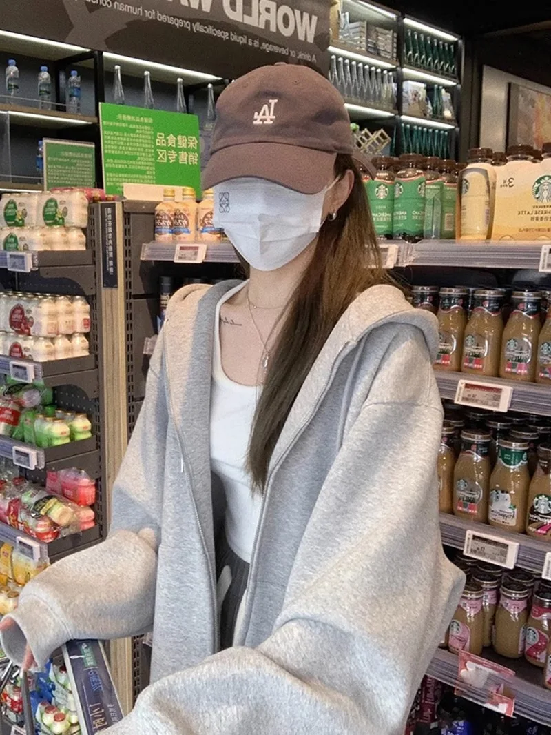 Solid Color Hooded Sweatshirt Women's Autumn Winter Loose Slim Lazy Style Casual Zipper Top Plush Jacket