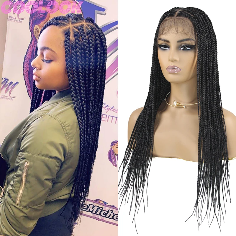 

Synthetic Braided Lace Frontal Wig with Plaits 26 Inch Black Crochet Full Lace Triangle Braids Wig Knotless Braid Wig with Bangs