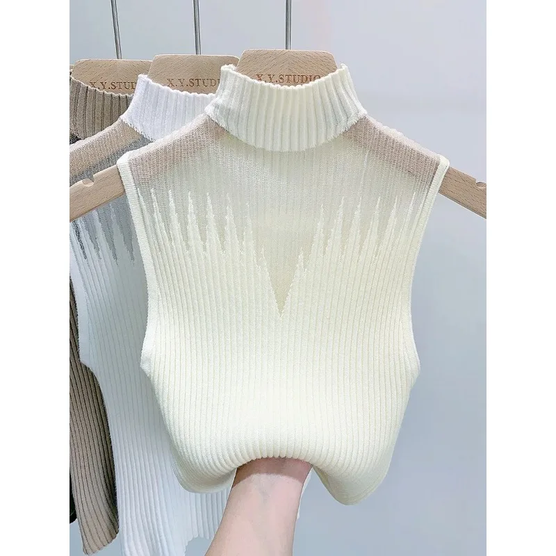 Women Slim Knitted Vests Summer Female Turtleneck Sleeveless Solid Stretch Camis Tank Tops