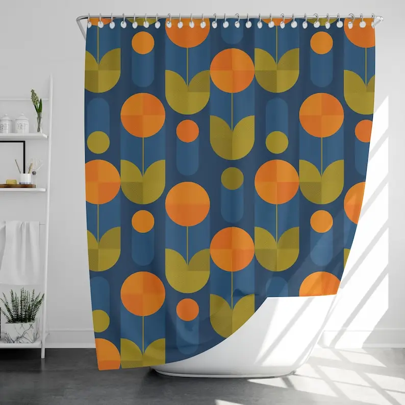 Geometric Tulip Shower Curtain with 12 Hooks Waterproof, Modern Bathroom Decor, Housewarming Gift