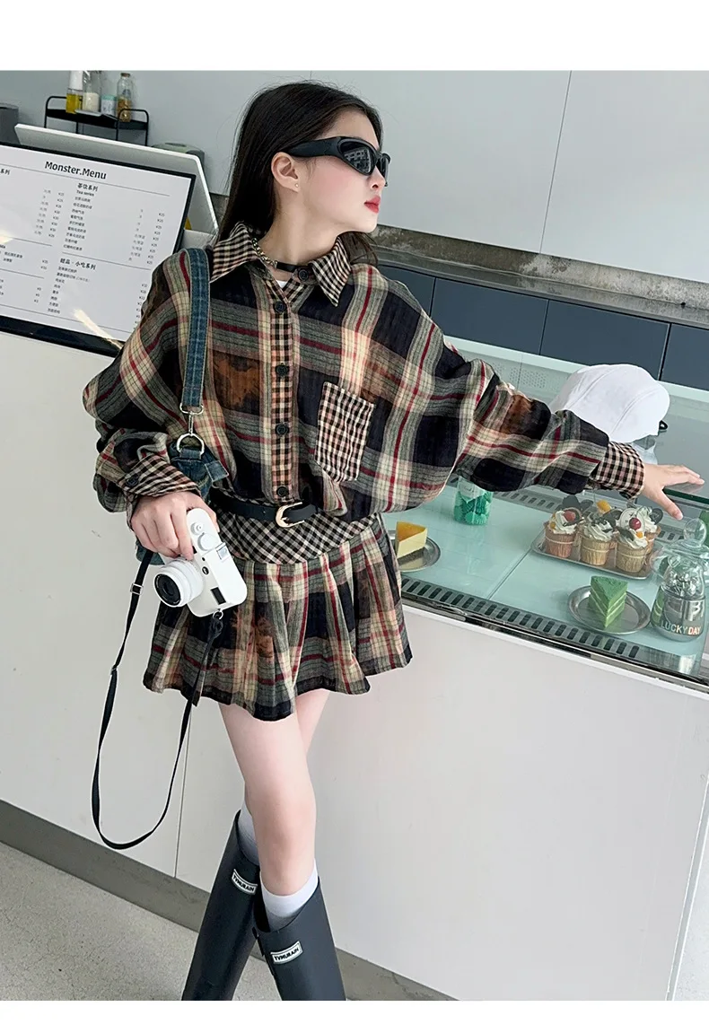 Girls Fall Set 2024 New Sweet Cool Style Loose Vintage Plaid Shirt Women Fall Pleated Skirt Two-piece Set European Fashion Style