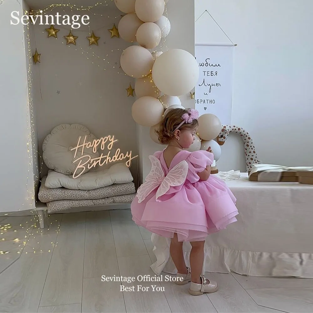 

Милые розовые платья из органзы Sevintage для девочек с бантом и пышными рукавами, платья принцессы для девочек, платья для дня рождения, на заказ