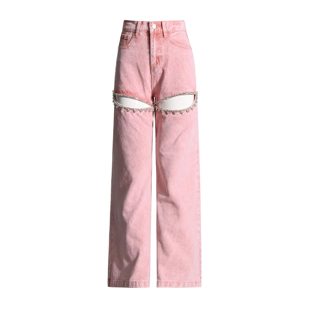VGH High Street Spliced Diamonds Denim Trousers for Women High Waist Hollow Out Patchwork Pocket Wide Leg Pants  Female Style