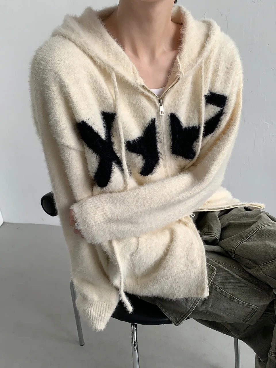 

Faionable Autumn Winter Men's Knitted Cardigan Sweater Loose Lazy Sle Hat Design Imitation Mink Coat Casual Long Sve