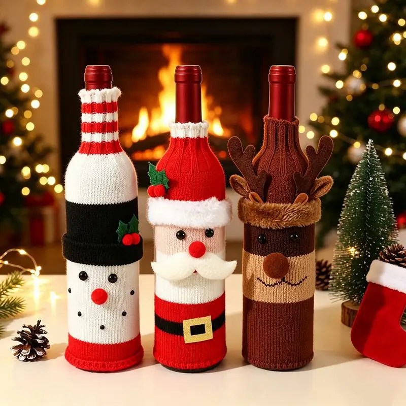 Christmas Knitted Wine Bottle Cover Santa Wine Bottle Bags Xmas Dinner Table Ornament New Year Home Christmas Decoration Gifts