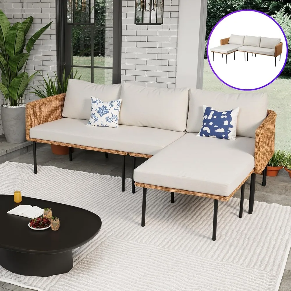 

82 Inch Boho L Shaped Outdoor Couch with Reversible Chaise, Outdoor Wicker Conversation Sectional Sofa, L-Shaped Patio Furnitur