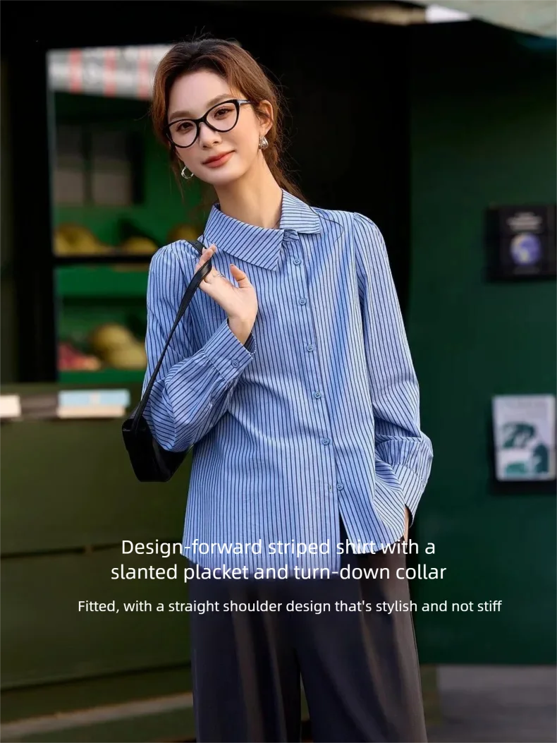 VIMLY Women's Blue Striped Shirt 2026 Spring New Irregular Placket Turn-Down Collar Long Sleeve Top Casual Commute Shirt A3711