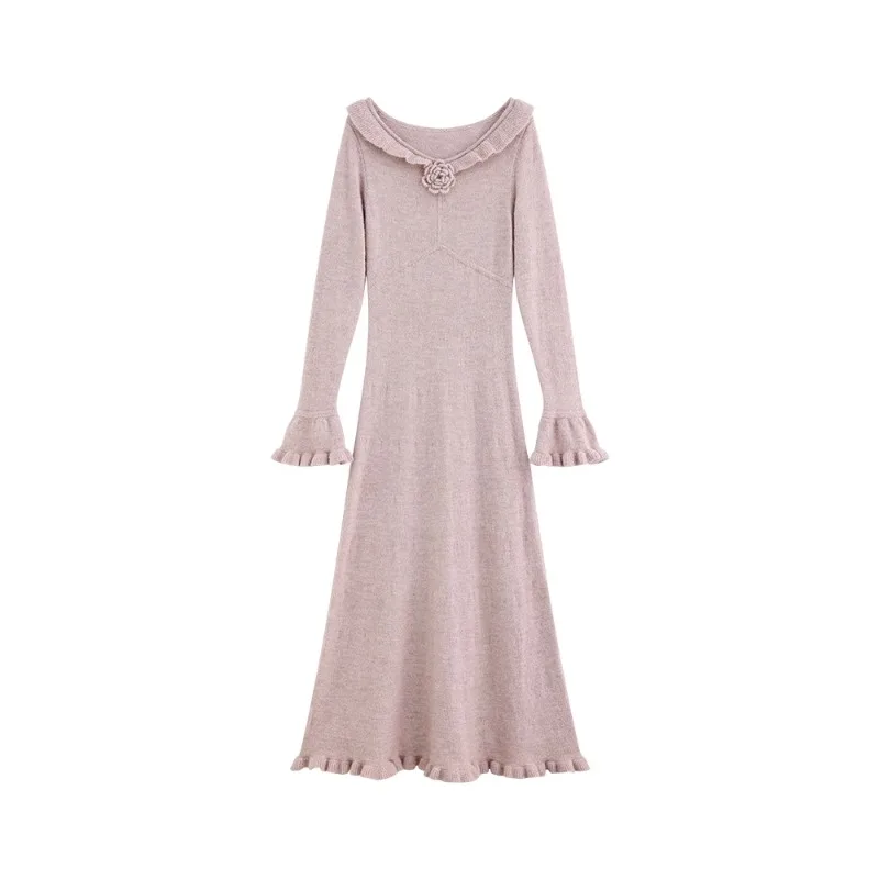 Women French Style Ruffle Round Neck Wool Knit Dress Winter Slim Fit Waist-Cinching Dress Elegant Long Dress with Flared Sleeves