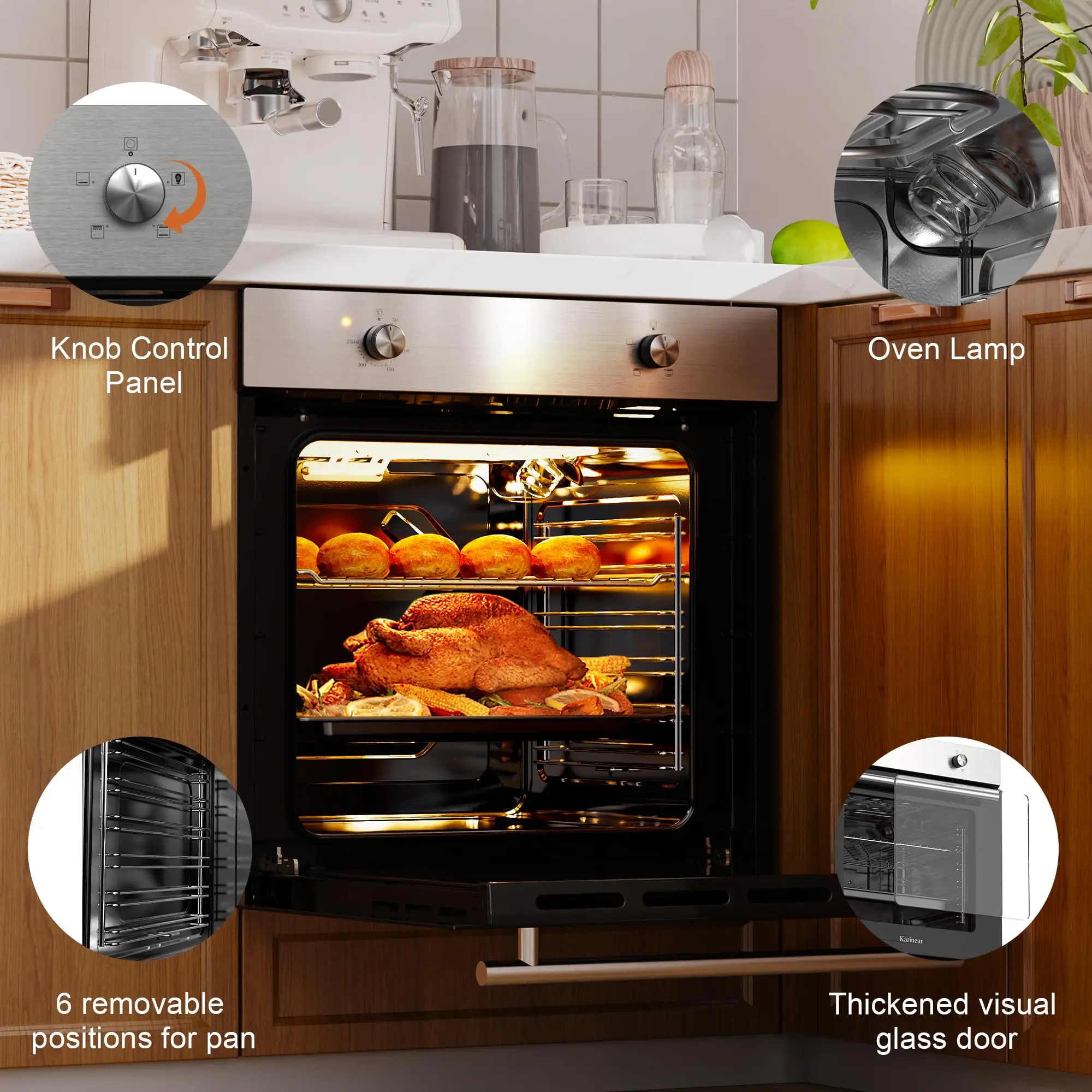 فرن كارينير الكهربائي، فرن 65 لتر، فرن مدمج مع ملحقات، تحكم في المقبض مع 4 وظائف 2200 وات، توصيل وتشغيل بعرض 220 فولت 60 سم