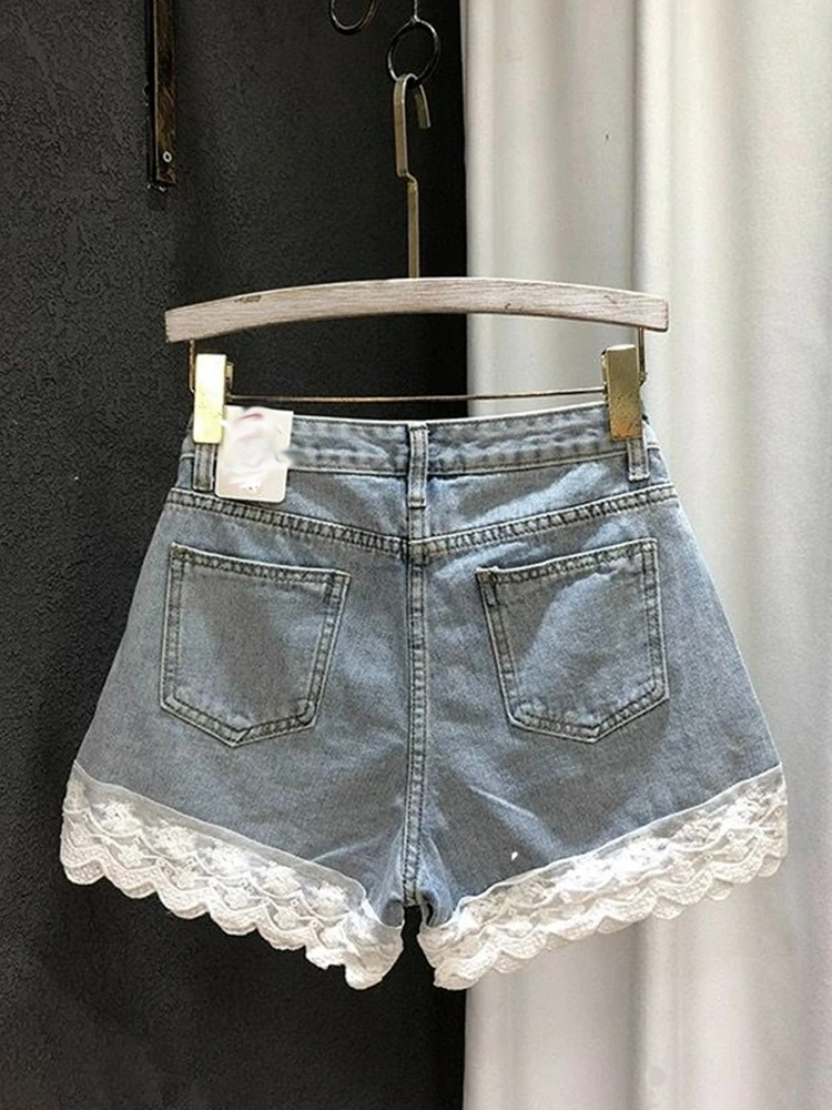 Retro European Korean Loose Slimming Design Splice Lace Wide Leg Jeans orts Women Summer New Sle Casual High Waist ort ...