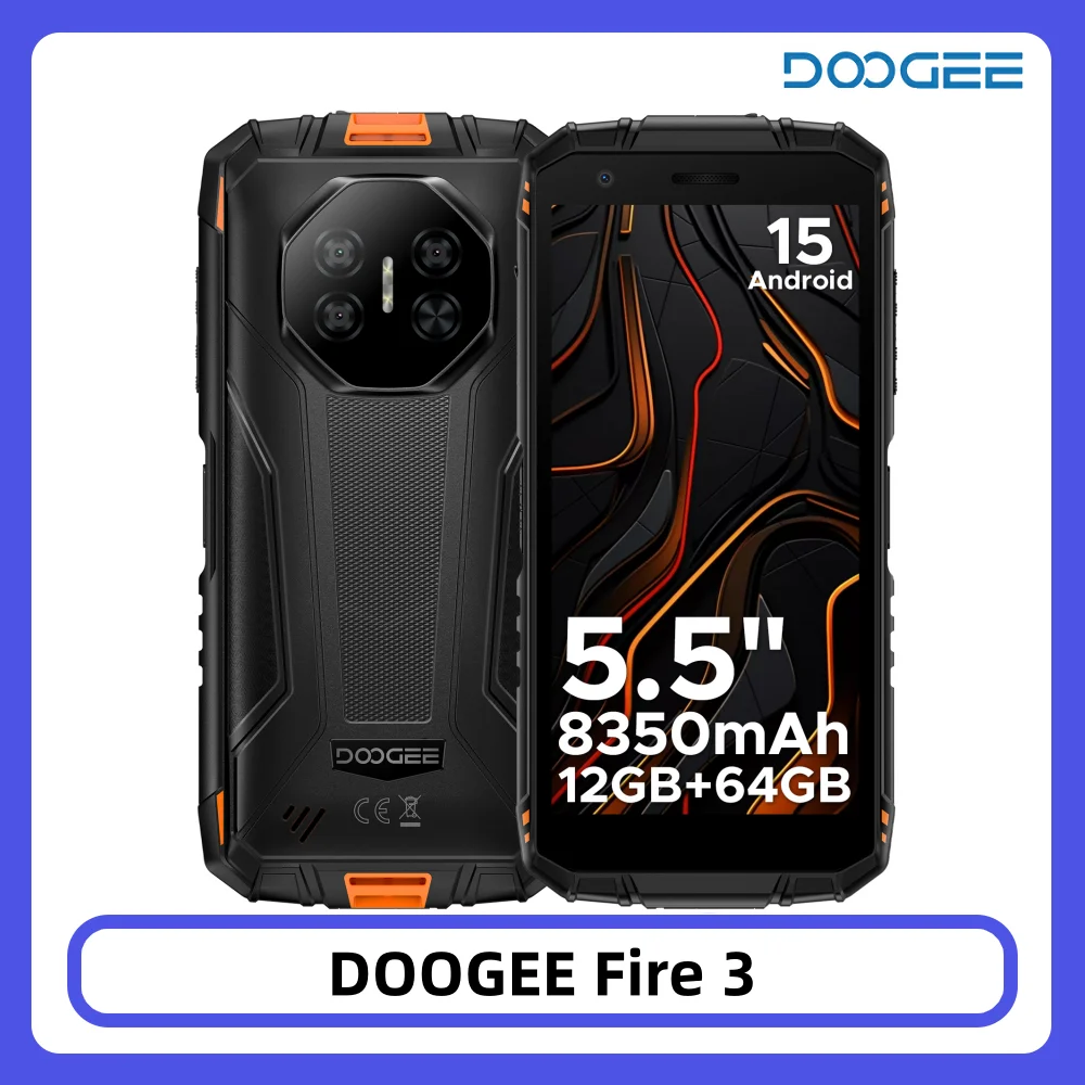 DOOGEE Fire 3 Wytrzymały telefon 5.5" HD+ Wyświetlacz 12GB+64GB Bateria 8350mAh Kamera 13MP Widevine L1 NFC IP68 Android 15 Smartfon