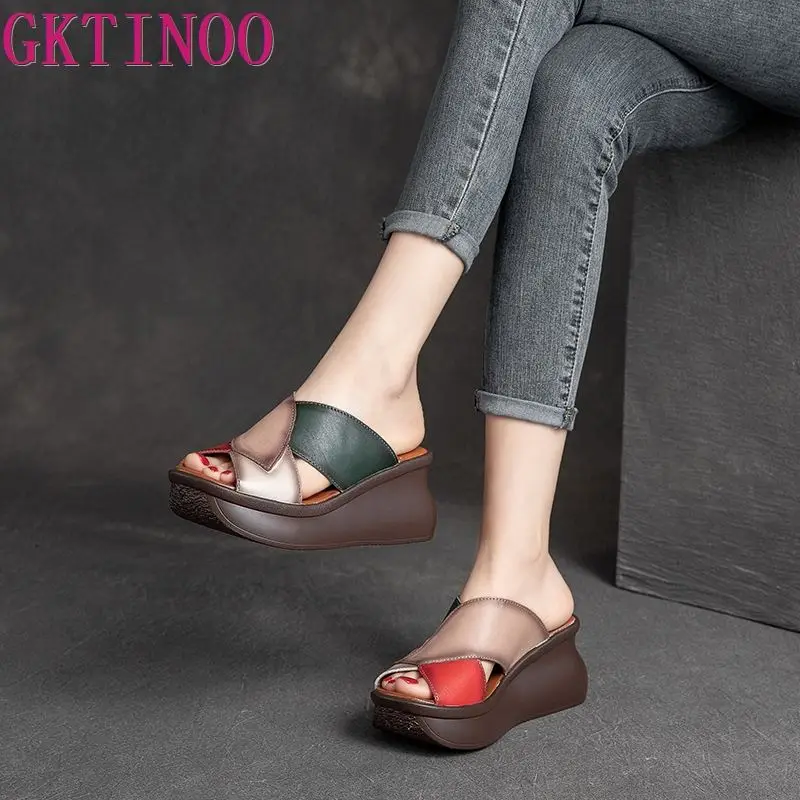 GKTINOO 2024 Summer Slippers Genuine Leather Shoes Handmade Slides Flip Flop On The Platform Clogs For Women Woman Slipper