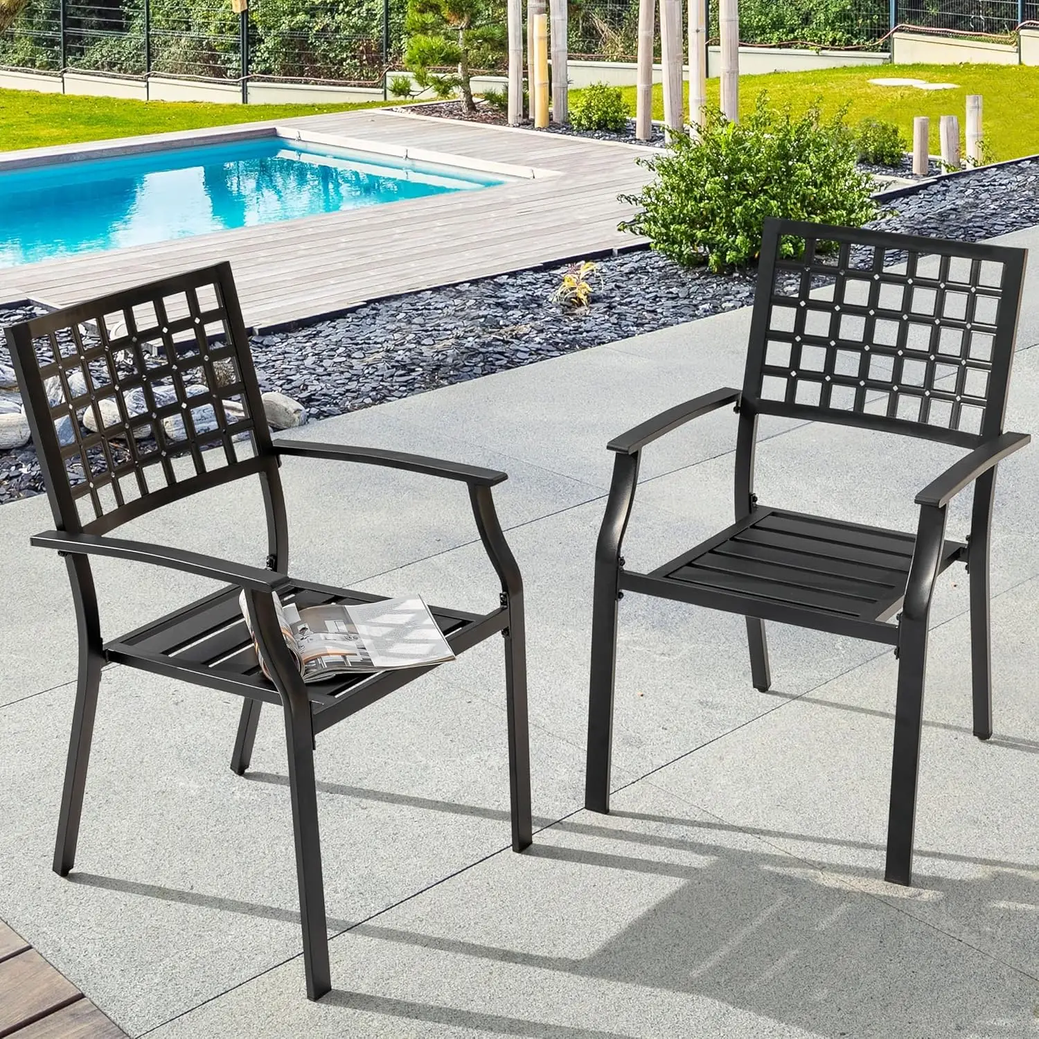 Patio Dining Chairs Set of 2, 300Lbs Stackable Outdoor Dining Chairs with Armrest, Wrought Iron Metal Chairs Patio Chairs