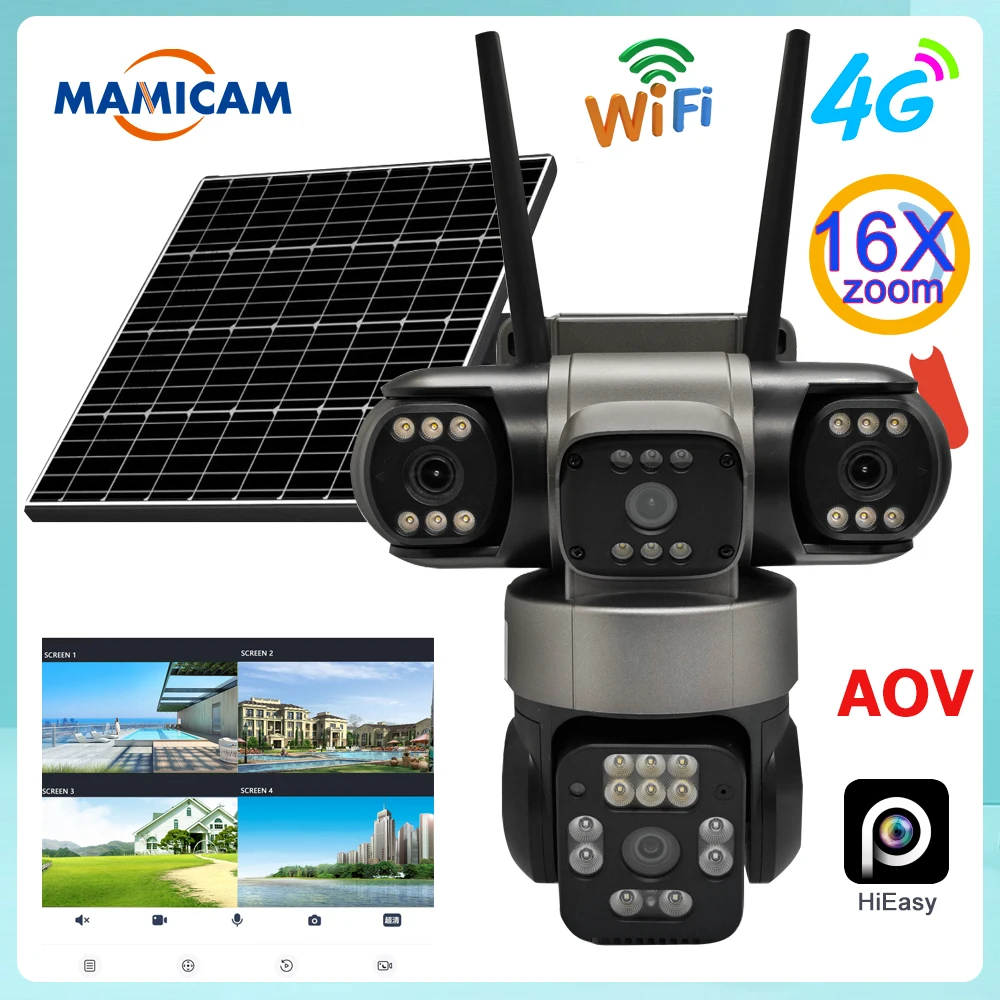 Solar Powered AOV 4-Lens Camera,Color Night Vision,Human Detection & Tracking, 24H Recording for Outdoor Home Security