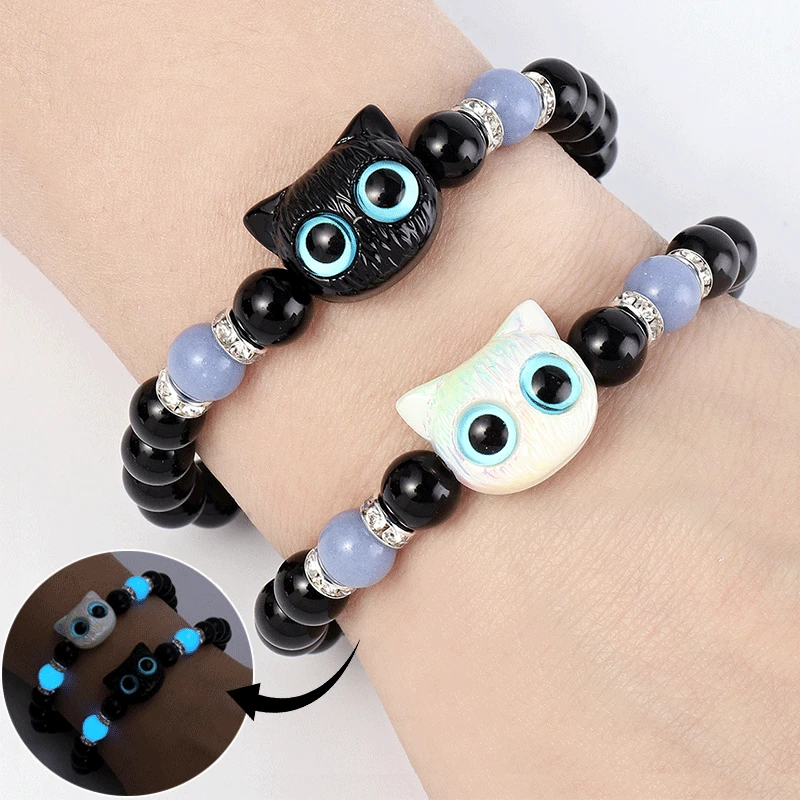 Cute Big Eye Cat Luminous Bracelets For Women Cartoon Animal Pendant Beaded Hand Chain Friendship Couple Bracelet Jewelry Gift