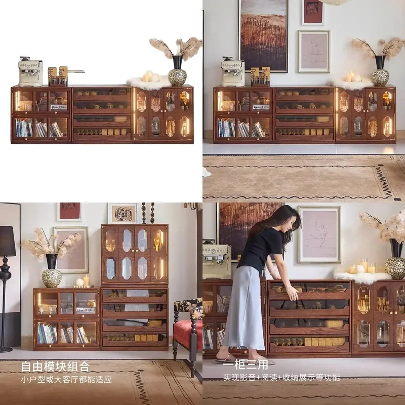 Retro Solid Wood TV Cabinet Floor Storage Unit Medium Size Living Room Apartment Furniture Integrated Locker Console
