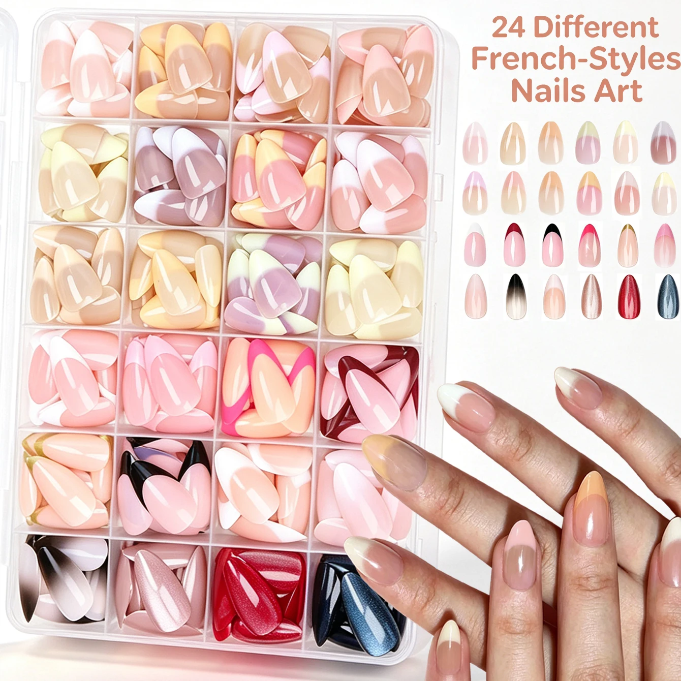 576PCS Different Styles French Press On Nails-Short Almond Fake Nails Reusable Full Cover Stick On Nails for Daily Work Office