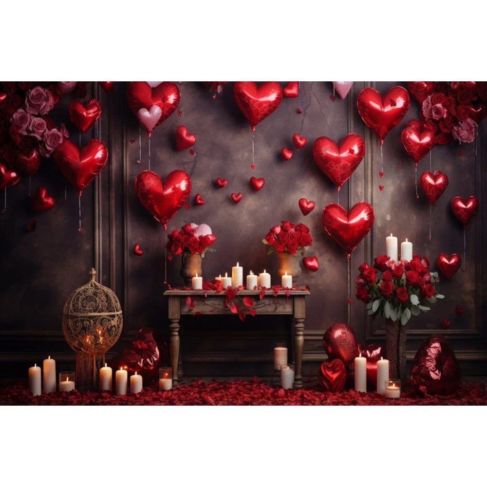 February 14 Valentine's Day Backdrop Retro Wall Red Love Heart Balloon Fireplace Candles Wedding Photography Background Decor image 4