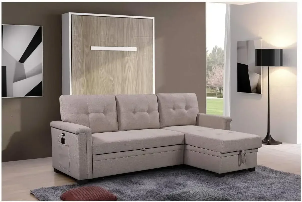 Ashlyn Light Gray Reversible Sleeper Sectional Sofa with Storage Chaise, USB Charging Ports and Pocket