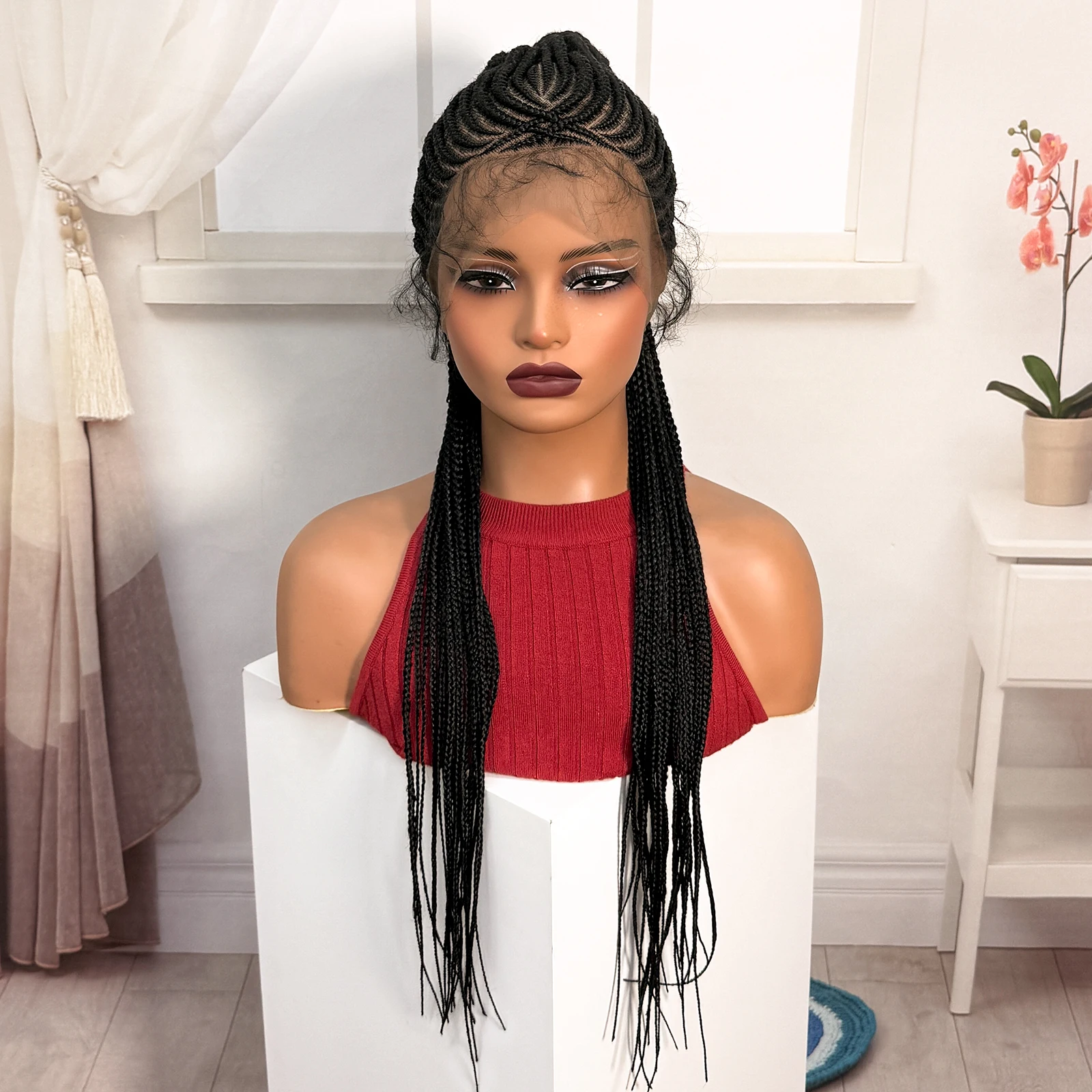 Natural Ponytail Braided Wigs 30inch Cornrow Braided Wigs Synthetic Full Lace Knotless Braids Wig with Baby Hair for Black Women