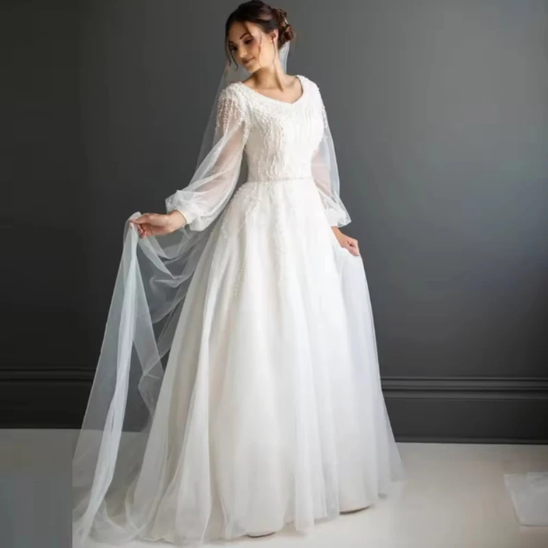 

Muslim Wedding Dresses Exquisite Ivory V-Neck A-line Long Sleeve Flowers Applique Tulle Bridal Gown Customized robe de mariée
