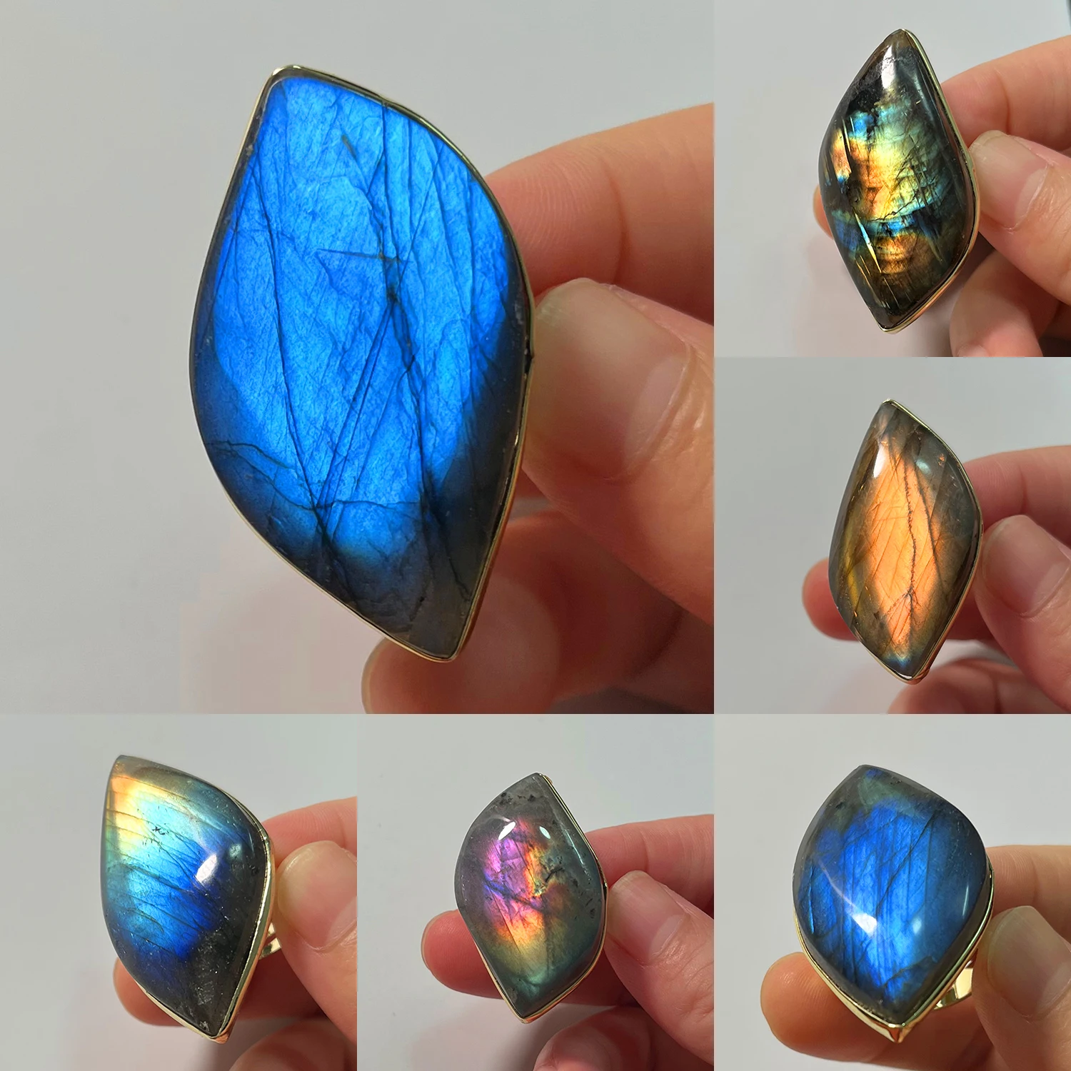 Natural Stone Multicolour Labradorite Adjustable Ring