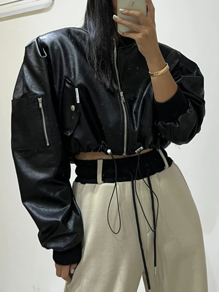 الأصفر بولي PU فو الجلود مثير اقتصاص سترات الربيع النساء 2025 موضة الوقوف كم طويل الرباط زمم موتور منفذها معاطف #5