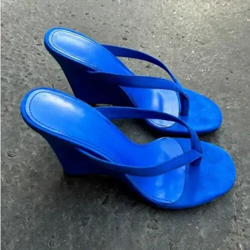 

Royal Blue Rose Pink Suede Round Clip Toe Wedges Modern Slippers Women Fashion High Heel Pull On Slides Sandals Shoes Size 45