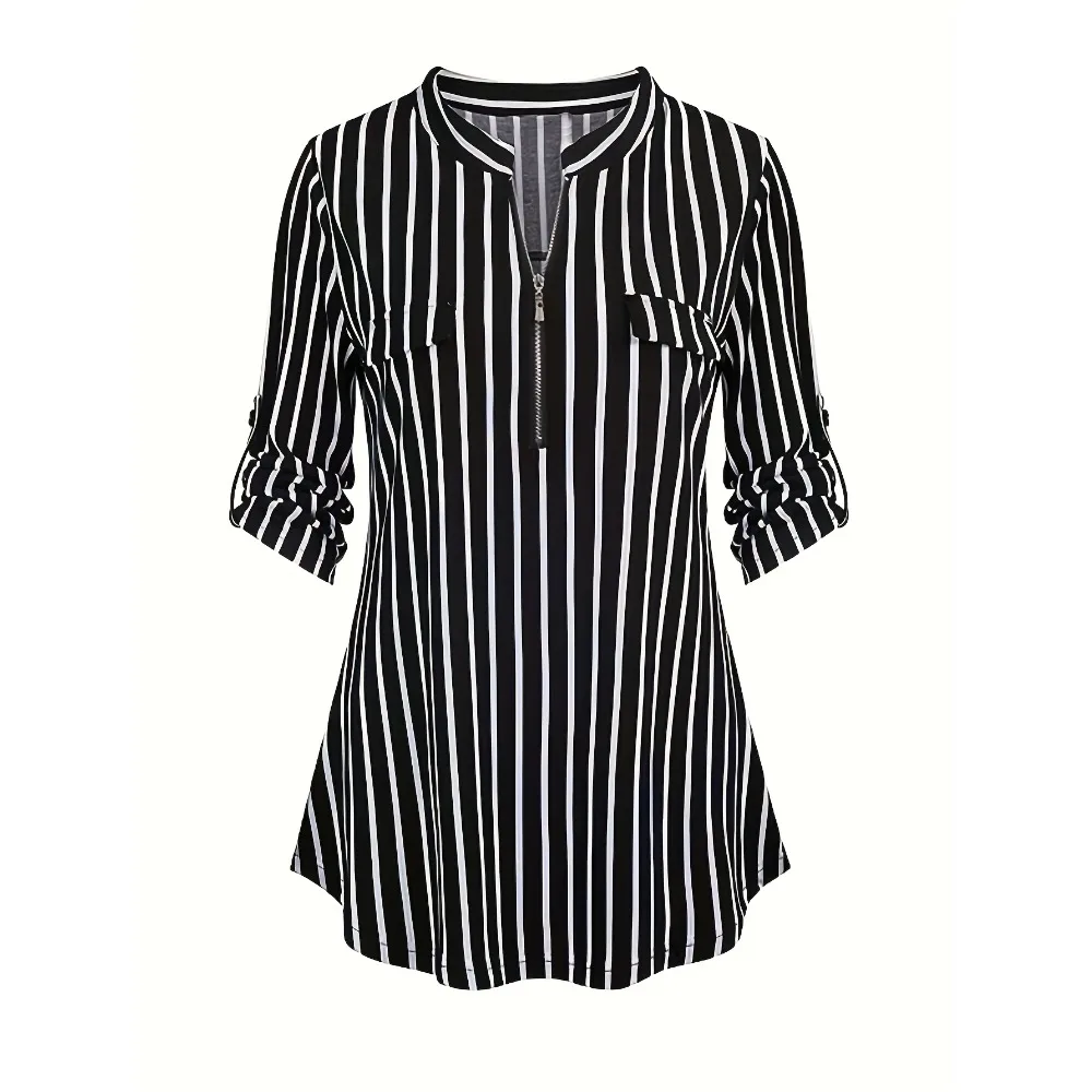 Grande taille 1XL-5XL femmes rayure manches 3/4 chemises fermeture éclair col en V Blouses haut femmes printemps/automne mode rayure motif chemise