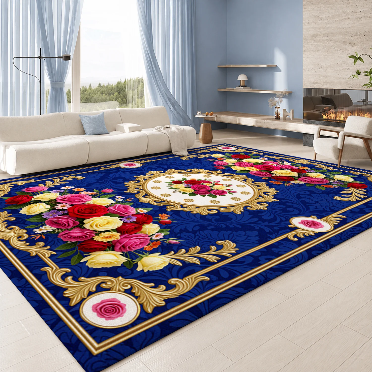 Ornate Floral Rose Pattern Velvet Area Rug, Machine Washable, Sturdy Base, Ideal for Living Room, Bedroom, Dining Room, Suitable for Halloween, Thanksgiving, Christmas, New Year, Black Friday, Cyber Monday Home Decor