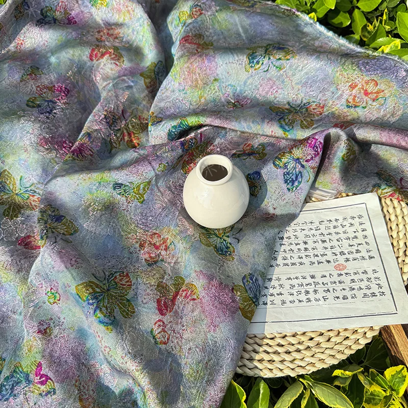 1meter Lustrous Brocade Fabric New Chinese Style Butterfly Dream Spring Mountain Lightweight Soft Hanfu Qipao Dress Shirt Sewing