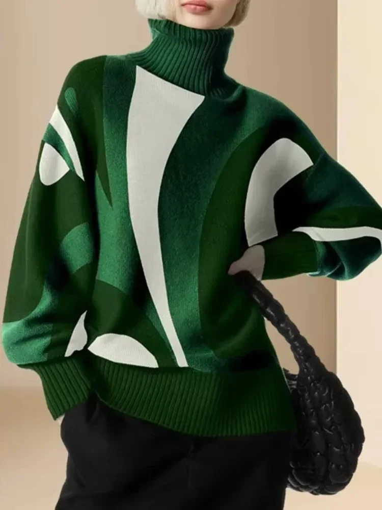 Gymystars Women's Sweater Green Pullovers Knitwear 2025 New Fashion Autumn Contrast Color Soft Warm Tops Chic Femme Clothing